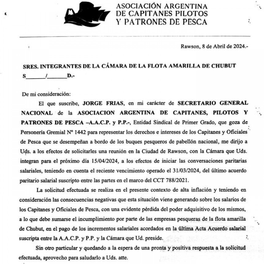 Asociación de Capitanes, Pilotos y Patrones de Pesca solicitaron reunión con Cámara Empresaria 